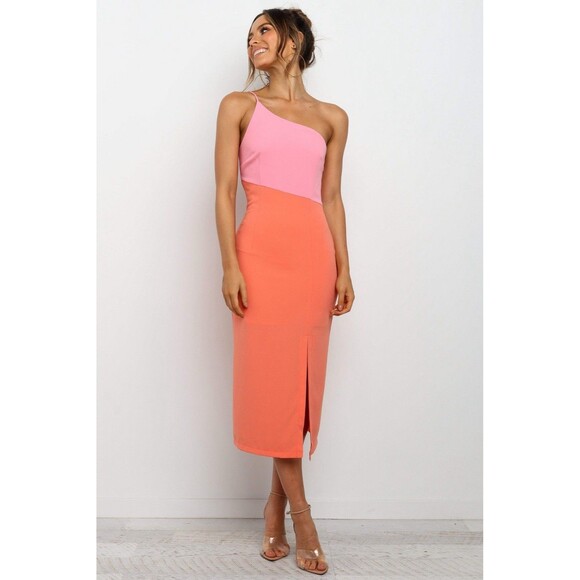 Petal & Pup Midi Dress 2 Xiomar One Shoulder Pink Orange Colorblock Cocktail - Picture 1 of 15